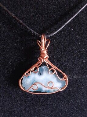 Copper wire wrapped teal blue agate slice pendant with black cord necklace new